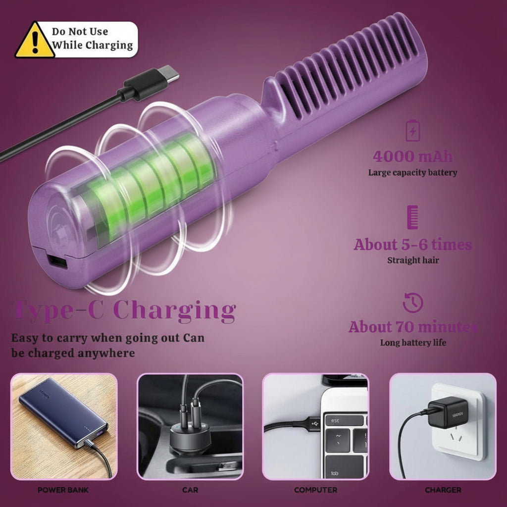 Comby Portable Cordless Ceramic Hair Straightener Comb