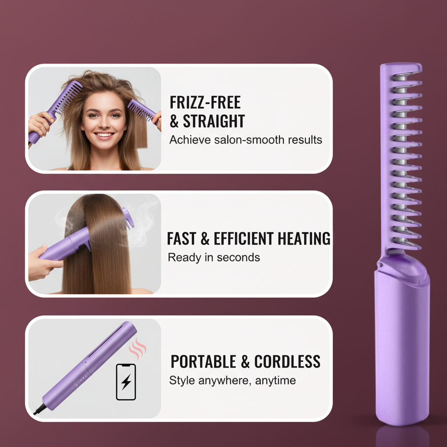 Comby Portable Cordless Ceramic Hair Straightener Comb
